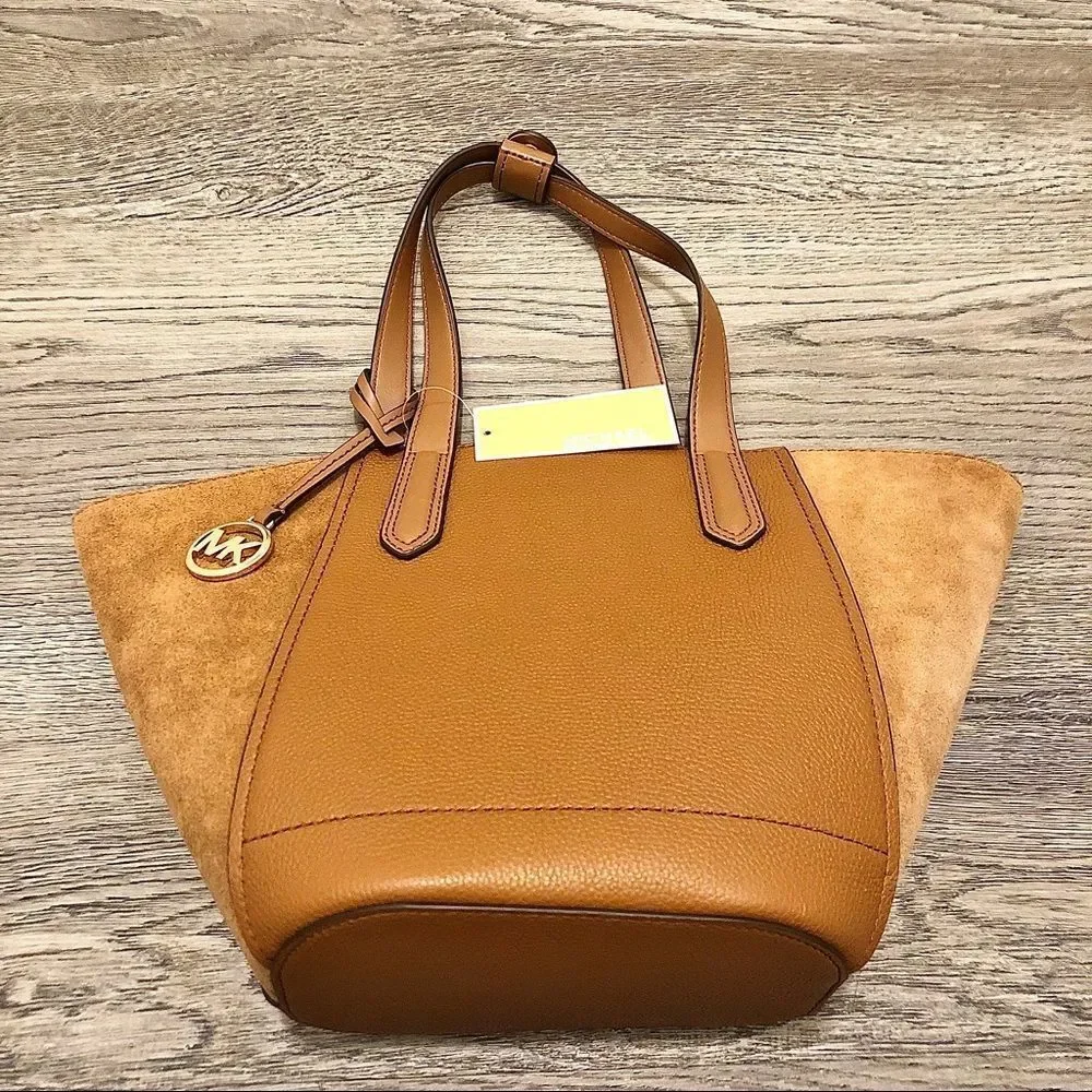 Michael Kors Portia Tote Bag Purse Leather Suede Luggage Brown $358 Brand New